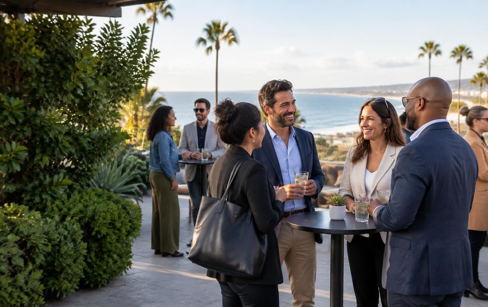 Illustrative coastal gathering of local business owners and neighbors
